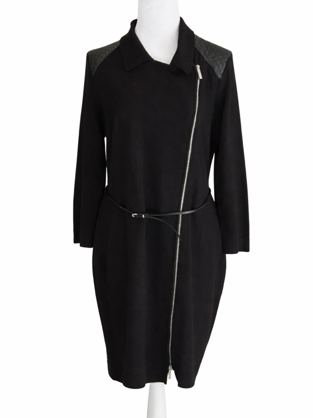 Calvin Klein Women's Size L Black Asymmetric Zip Front Knit Dress Belted Waist